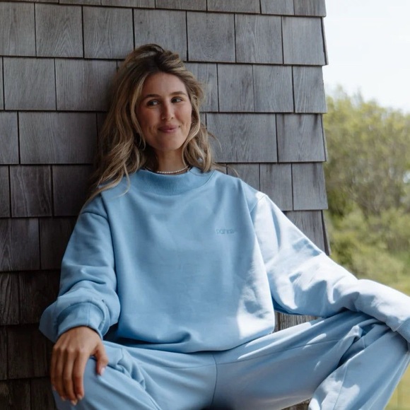 PARKE Sweatshirt Embroidered Mockneck Terry Monochromatic Ocean Blue S M EUC - Picture 1 of 8